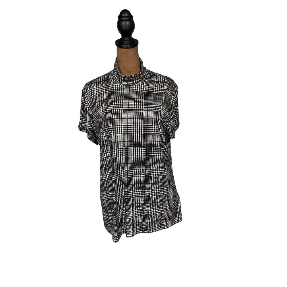 Lauren Ralph Lauren XL Mock Neck Plaid Short Sleeve Top Black White Magenta NEW
